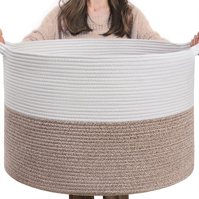 INDRESSME XXXLarge Cotton Rope Basket 21.7" x 21.7" x 13.8" Woven Baby Laundry Blanket Baskets Toy Burr Basket with Handle Storage Comforter Cushions for Christmas Thread Laundry Hamper