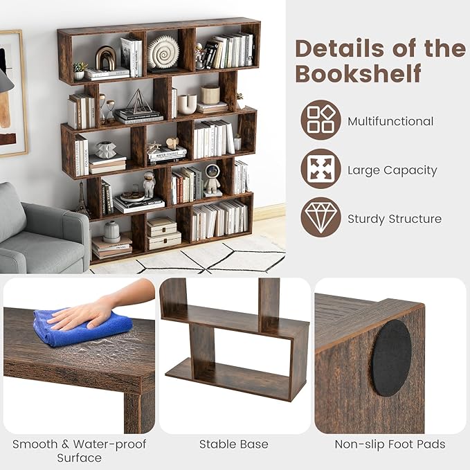 5-Tier Geometric Bookcase Set of 2, 62.5” Freestanding Room Divider Bookshelf with Open Display Shelves & Anti-tip Device, Wood S-Shaped Storage Organizer for Living Room, Bedroom & Home Office
