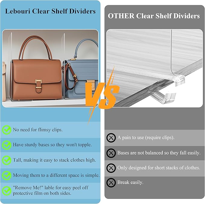 Acrylic Shelf Dividers for Closet Organization: 10" Tall Clear Closet Dividers for Shelves - Free-Standing Shelf Separators for Clothes Sweater Purse