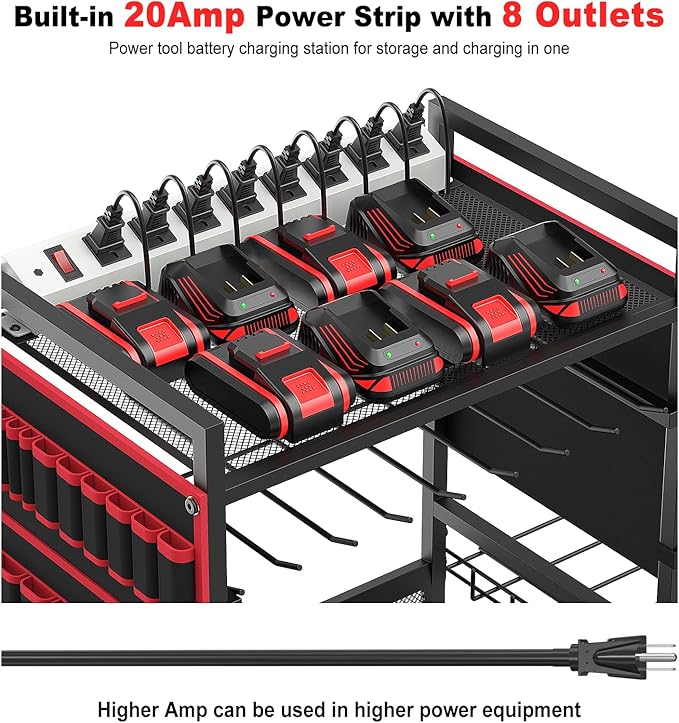 JUNNUJ Garage Large Power Tool Organizer Cart with 20A Charing Station, Heavy Duty Drill and Tools Battery Holder Storage Rack, Floor Standing Rolling Tool Cart on Wheels, Red