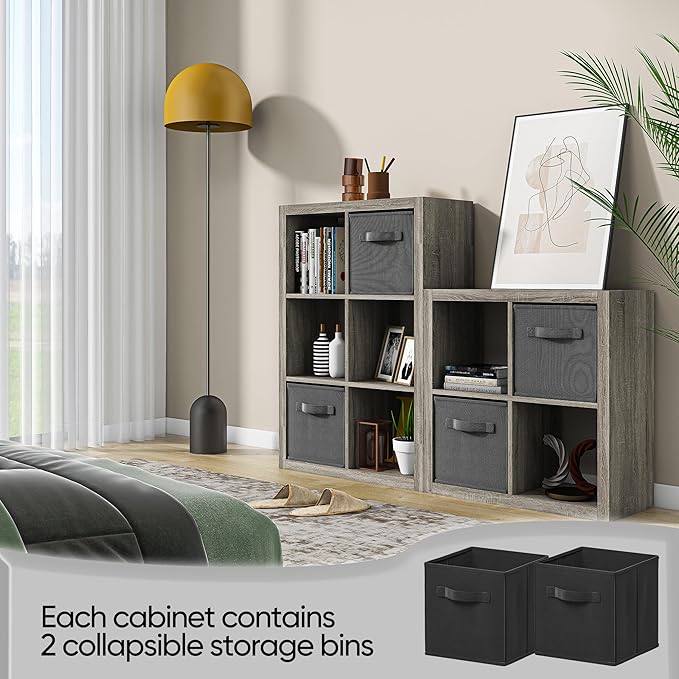 Bookshelf with Storage Bins, 8-Cube Storage Organizer, Modern Wood Open Bookcase, Multifunctional Display Shelf for Living Room, Bedroom, Home Office, Gray Oak
