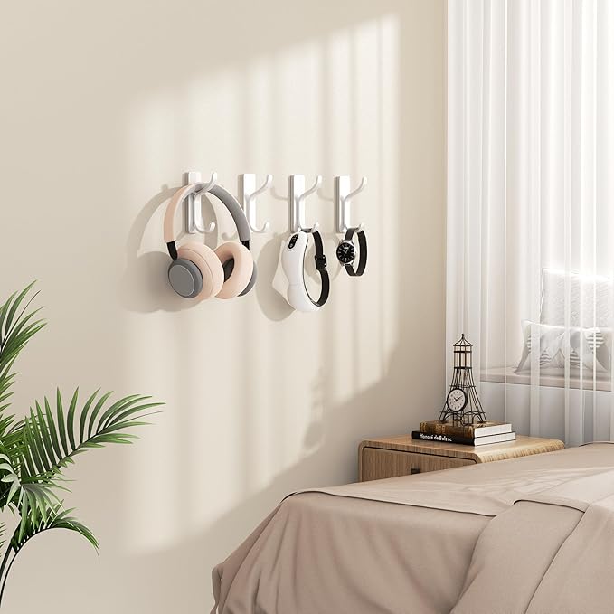 pickpiff 10-Pack Self Adhesive Wall Hooks for Hanging - 13 LB Strong Hold, Sticky Hangers for Coat, Towel, Purse, Keys, Bag - for Wall, Door, Bathroom, Shower, Dorm, Kitchen - Stainless Metal, White