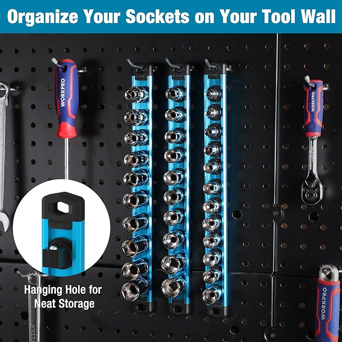 WORKPRO Magnetic Socket Organizer, 1/4-Inch Drive Aluminum Alloy Socket Rail, Heavy Duty Socket Holder, Socket Rack Kit 1/4-Inch x 12 Clips Sky Blue (Socket not Included)