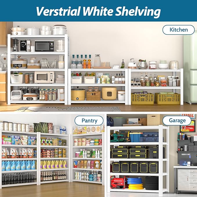 PrimeZone 28" W x 12" D x 59" H Closet Storage Shelves - 5 Tier White Metal Connector Shelving, Adjustable Heavy Duty Garage Shelves, Utility Rack Organizer Shelf for Kitchen Pantry Closet Garage
