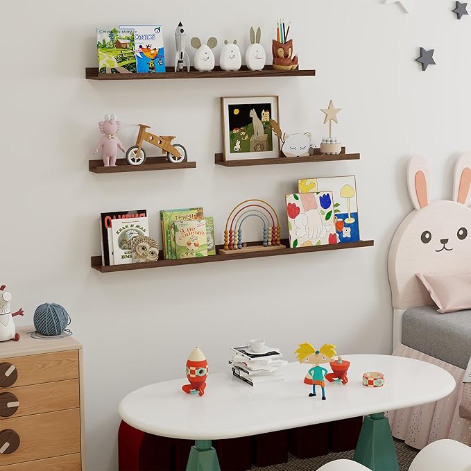 Fun Memories Picture Ledge Shelf, 16 Inch Long Floating Shelves Set of 6, Picture Shelf for Wall with Lip, Large Nursery Book Shelves for Storage, Wall Shelves for Living Room Bedroom Kitchen, Walnut