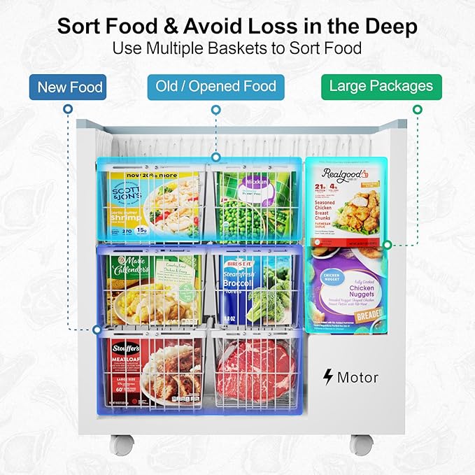 iSPECLE Freezer Organizer Bins - 5 Pack Adjustable & Extra Large Chest Freezer Organizer Bins for 5 to 9 Cu.Ft Deep Freezer, Easy Organize Basket Store More, Stackable No Wasted Space, White