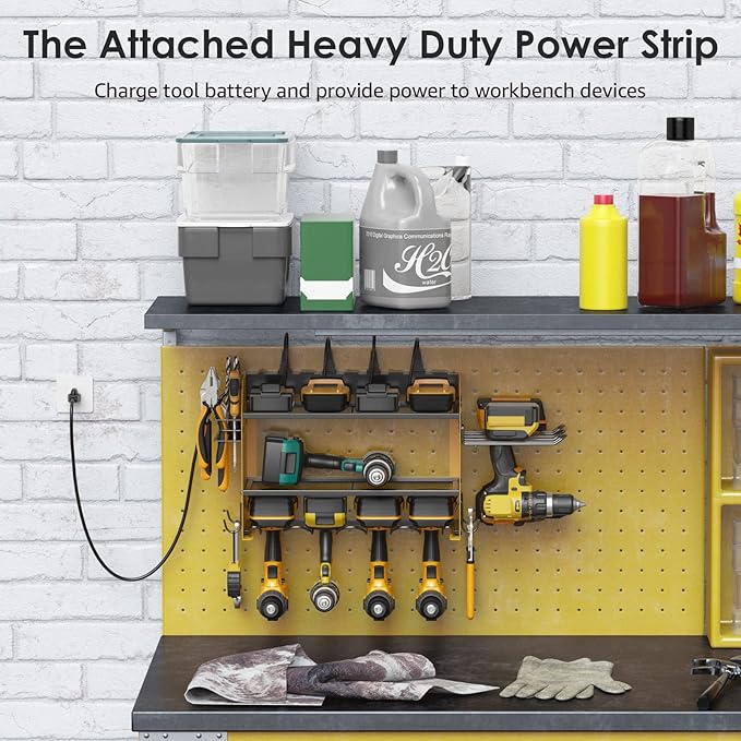 CCCEI Modular Power Tool Organizer Wall Mount Charging Station, Yellow 6 Drills Holder with 8 Plug Power Strip, Garage Drill Battery Heavy Duty Metal Shelf, Utility Rack with Hooks, Side Storage.