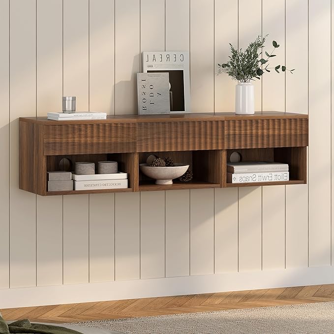 Floating Nightstands Set of 4 with Drawer and Open Shelf, Small Wall Mounted Bedside End Table, Modern Fluted Night Stand for Bedroom, Living Room, Brown