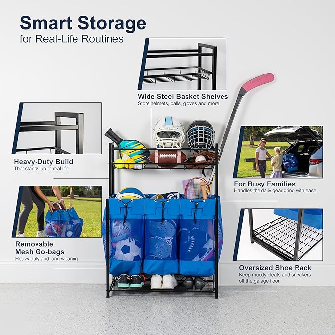 KASSELL Garage Sports Organizer Storage rack for sports equipment Ball, Heavy Duty Toy and Gear Storage Organizer with Grab and go bags (Blue)