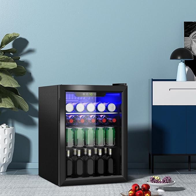 Stopasd Beverage Refrigerator Cooler, 2.6 Cu.Ft/95 Can Drink Fridge with Adjustable Shelves & Glass Door for Soda Wine Beer, Quiet Undercounter Small Fridge for Home/Office/Bar/Garage(40-61 ℉), Black