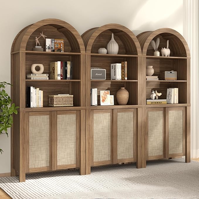 Yechen Arched Bookcase, 70.5" Tall Bookcase with Storage, Mid-Century Modern 5 Tier Bookshelves with Door, Boho Rattan Bookshelf for Living Room Kitchen Office Bedroom Library, Natural Walnut,3 PCS