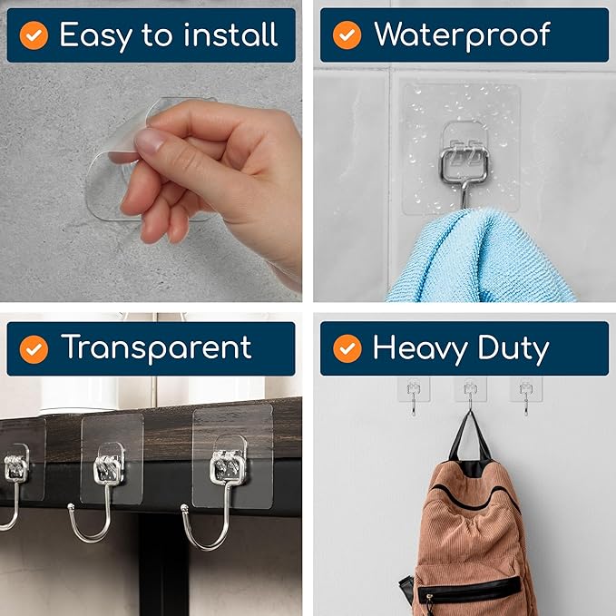 GLUIT Adhesive Large Wall Hooks for Hanging Heavy Duty 22 lbs Hooks for Walls No Damage, Towel Sticky Clear Hooks, Waterproof, Home, Bathroom, Kitchen, Office, and Outdoor 6 Pack