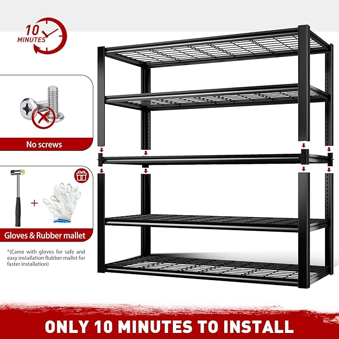 REIBII 48" W Garage Shelving Heavy Duty Load 2500LBS, 5 Tier Storage Shelves, Adjustable Metal Shelves for Warehouse, Pantry, Basement, 48" W X 72" H X18 D, 2PC