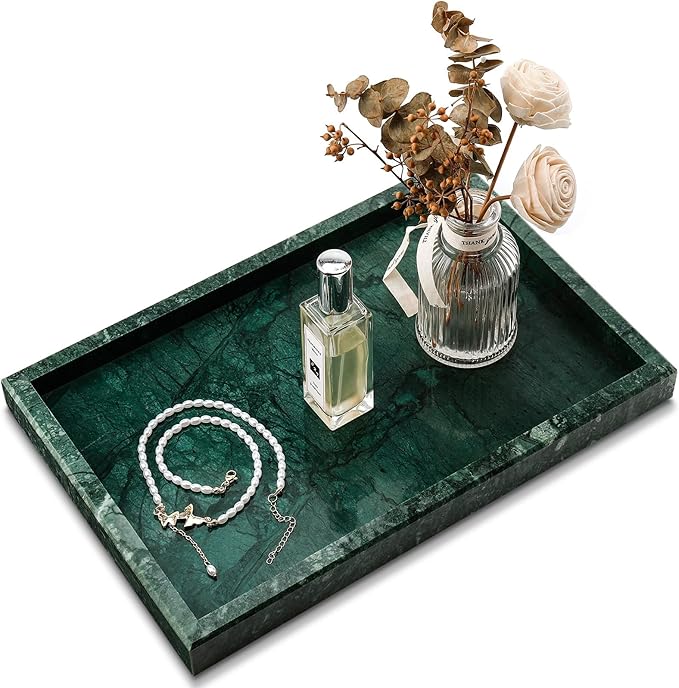 Real Natural Marble Tray for Bathroom, Vanity, Kitchen and Desktop, Rectangle Genuine Marble Stone Tray for Jewelry, Cosmetics, Candles, Lotion, Perfume and Home Decor