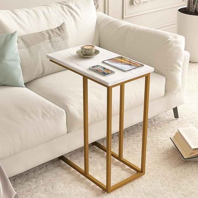 VECELO C Shaped End Side Table for Sofa Couch and Bed Snack TV Tray for Living Room Bedroom, 1 PCS, Gold