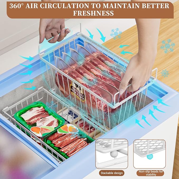 Enhanced Leak-Proof Bottom - Freezer Organizer Bins ，4 Pack Stackable Deep Freezer Organizer Bins for 7 Cu.FT Small Chest Freezer，Easy Get Bottom Foods without Digging（white）