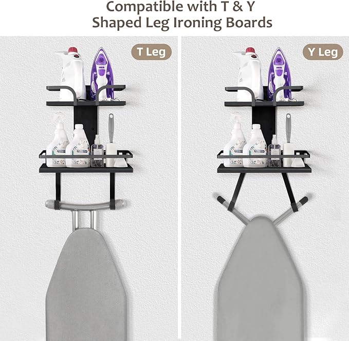 VINAEMO Ironing Board Hanger Wall Mount, 2-Layer Iron and Ironing Board Holder, Laundry Room Shelves Solid Wood with Removable Hooks Home Organization and Storage