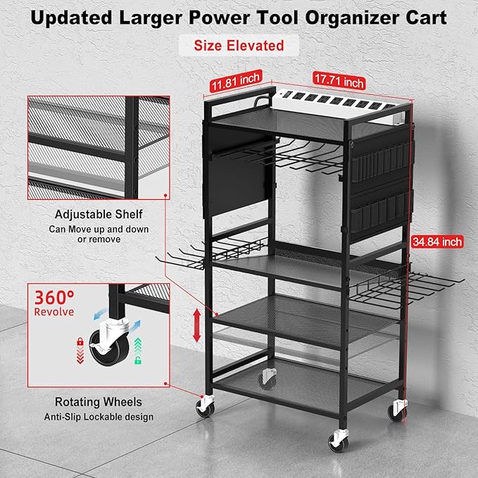 JUNNUJ Garage Large Power Tool Organizer Cart with 20A Charing Station, Heavy Duty Drill and Tools Battery Holder Storage Rack with 10 FT Power Strip, Floor Standing Rolling Tool Cart on Wheels, Black