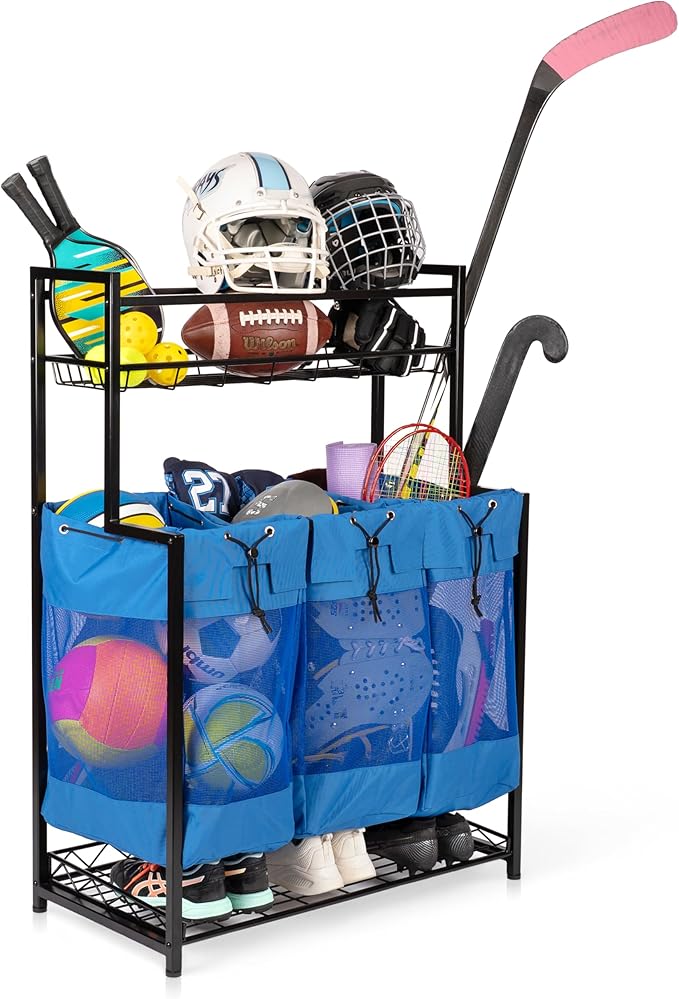 KASSELL Garage Sports Organizer Storage rack for sports equipment Ball, Heavy Duty Toy and Gear Storage Organizer with Grab and go bags (Black)