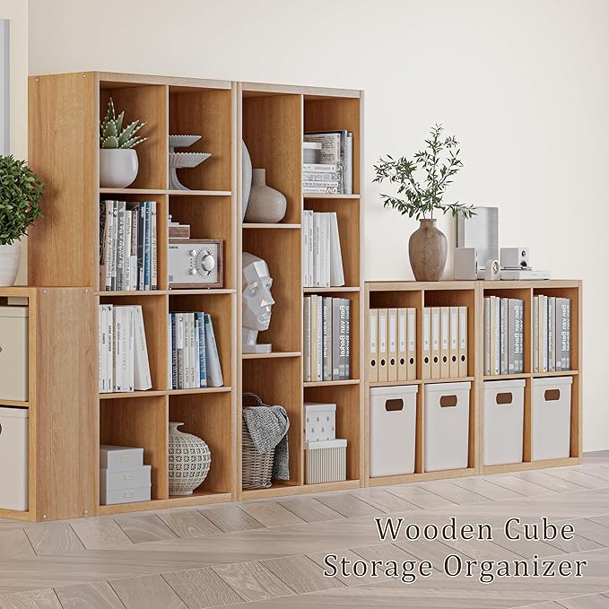 Cube Storage Organizer Bookcase, Decorative 11 inch Open Back Cubical Shelf with Thickened Border, Display Bookshelf for Living Room, Home Office, Sturdy Room (Natural Oak, 8 Cube)
