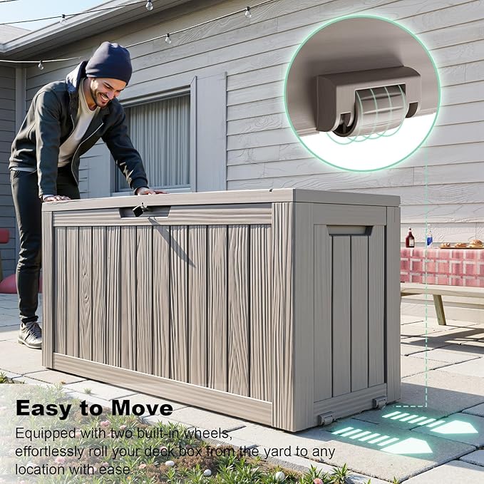 76 Gallon Outdoor Deck Box,Storage Lockable Waterproof Patio Furniture,Garden Tools,Cushions,Pool Accessories Outside Storage Resin Box(Grey)