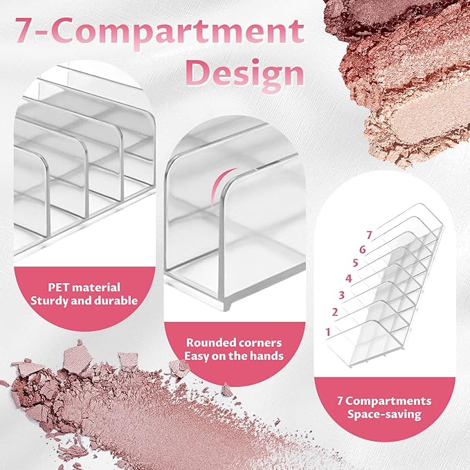 Diakey 4 Pack Eyeshadow Palette Makeup Organizer, 7-Section Acrylic Cosmetic Holder for Vanity, Drawer, Bathroom, Mail Sorter Business Card Holder Bill Money Divider, Clear