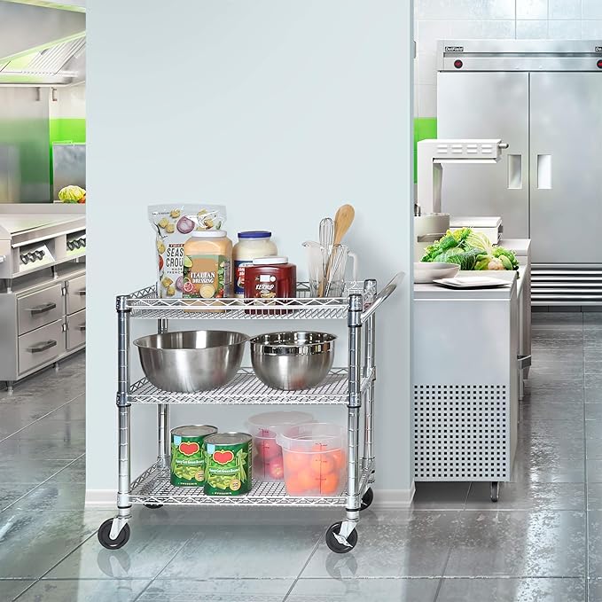 Seville Classics UltraDurable NSF Commercial Heavy Duty Metal Rolling Utility Cart, Handle Bar for Restaurant, Garage, Warehouse, Kitchen, Office, Deep Top Basket (34.8"W x 18.25"D)