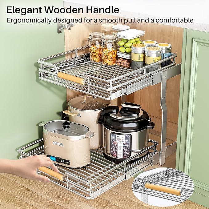 Pull out Cabinet Organizer, 2 Tiers 23"W X 21"D, Heavy Duty Smooth Sliding Under Cabinet Shelves for Pots and Pans, Full-Extension Roll out Drawers, Slide out Organization for Home Kitchen Pantry