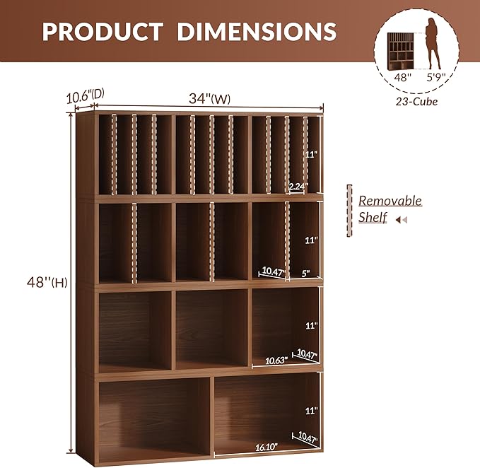 IOTXY DIY Modular Cube Bookcase - CubeXY Customizable Stackable Expandable Combination Set, 23-Cube Open Bookshelf for Books, Fabric Storage Bin, and Vinyl Record Organizer, Walnut