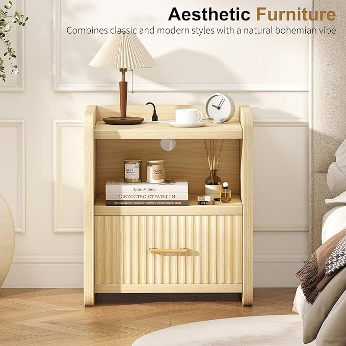 Night Stand with Charger Station, Fluted Nightstands Set of 2 with Drawer, Modern Bedside Table Set of 2, Wide Nightstands for Bedroom, Mid Century Wooden Night Stands for Home Sofa Couch