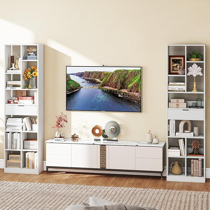 Tangkula 71” Tall Bookcase with Drawer, Modern Bookshelf with 10 Open Cubes, Floor Standing Display Rack Storage Cabinet with Anti-Tipping Kits for Living Room, Study, Office (2, White)