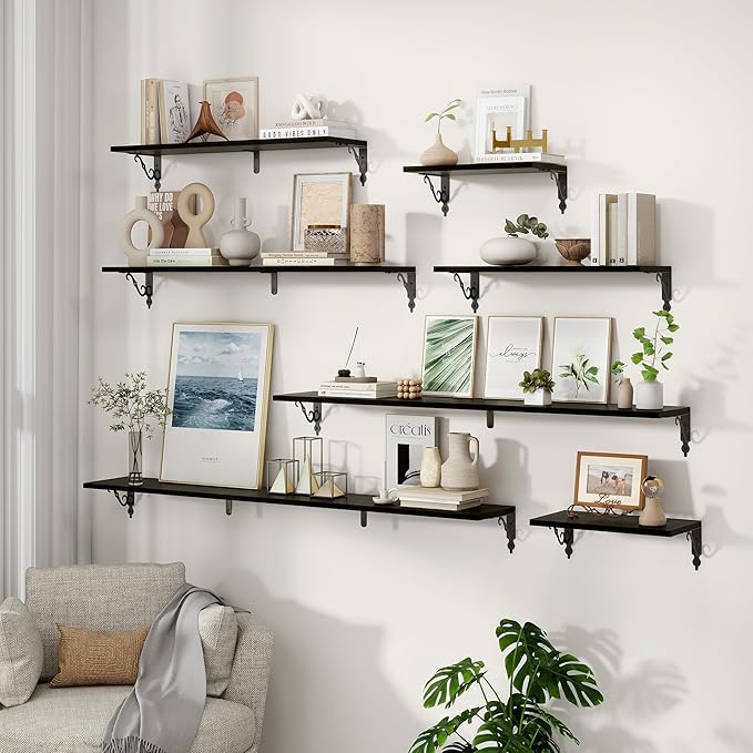 Deep Floating Shelves for Wall, 32"W x 8"D Wall Shelves, 8 Inch Deep Floating Shelf with Bracket, 32 Inch Floating shelves Set of 2, Rustic Shelves for Living Room, Bathroom and Kitchen, Black