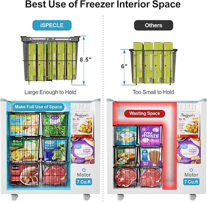 iSPECLE Freezer Organizer Bins - 5 Pack Adjustable & Extra Large Deep Freezer Organizer Bins for 5 to 9 Cu.Ft Chest Freezer, Easy Organize Basket Store More, Stackable No Wasted Space, Black
