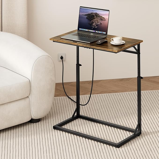Vagusicc C Shaped End Table with Charging Station, Large C-Table End Table Adjustable Height Side Table for Couch, Couch Table Slide Under Sofa Table TV Tray Table for Sofa, Living Room, Bedroom,Brown