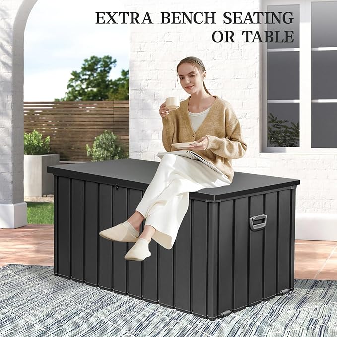 Domi 190 Gallon Deck Box, Metal Outdoor Storage Box with Lock Wheels Side Handles, Waterproof Outside Storage Box for Patio Cushions, Shoes & Pool Tools