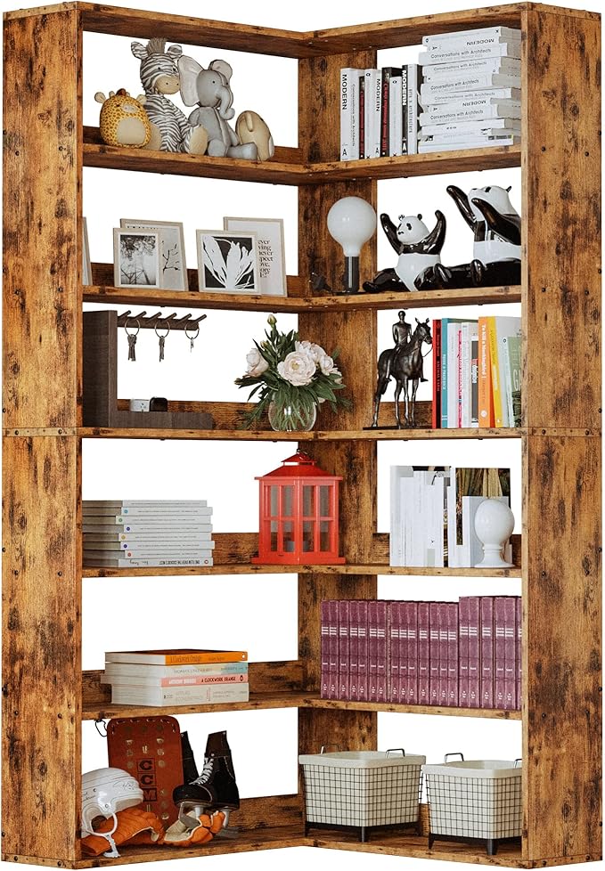 IRONCK Corner Bookshelf, Bookshelves 6 Tiers with Baffles Industrial Large Corner Etagere Bookcase Storage Display Rack for Living Room Home Office