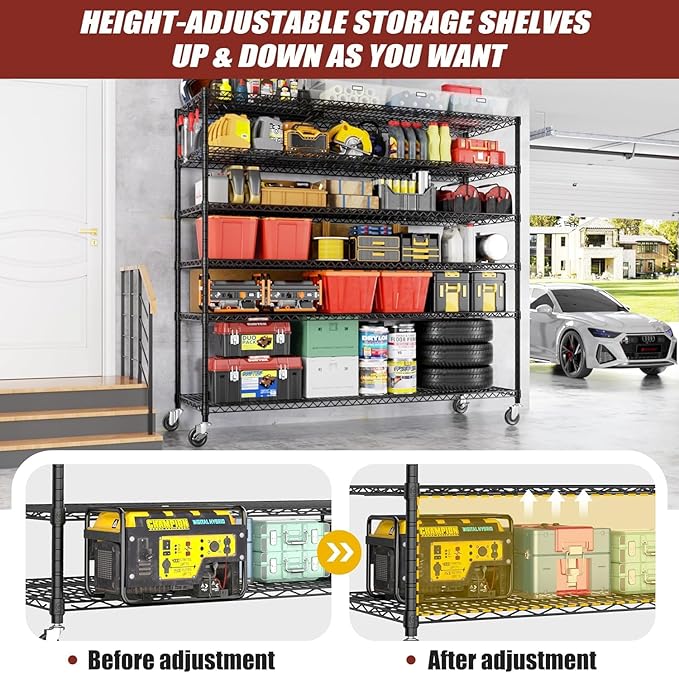PrimeZone 6 Tier 80.7" H x 55.5" W x 24" D Wire Shelving with Wheels 3600lbs NSF Certified Storage Shelves Heavy Duty Metal Shelf Adjustable Rolling Rack Commercial Garage Restaurant Warehouse 6Pack