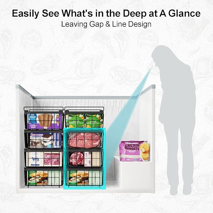 iSPECLE Freezer Organizer Bins - Fit 10 to 20 Cu.FT Deep Freezer, 8 Pack Large Expandable Stackable Chest Freezer Organizer Sort Frozen Food Easy to Get Food from Bottom without Digging, Black