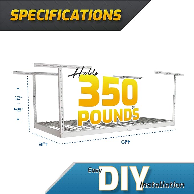 MonsterRax Garage Ceiling Storage Rack - Heavy Duty 400 lb Capacity, Adjustable Shelving, Ceiling Mount, 3x6 White (12"-21")