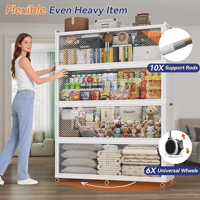 320 Gallon Extra Large Collapsible Storage Bin with Lid, 960QT Stackable Plastic Organizer with 6x Wheels, Foldable Drawer Cabinet for Closet, Living Room Office, Kitchen 4Pack, White