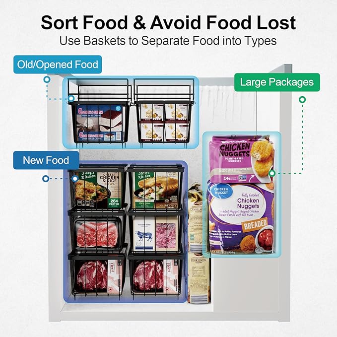 iSPECLE Freezer Organizer Bins - 15.8" to 18.1" Extendable Length Freezer Baskets for Chest Freezer for 7 Cu.Ft Deep Freezer, 2 Hanging Baskets and 4 Stackable Bins, 6 Pack Black