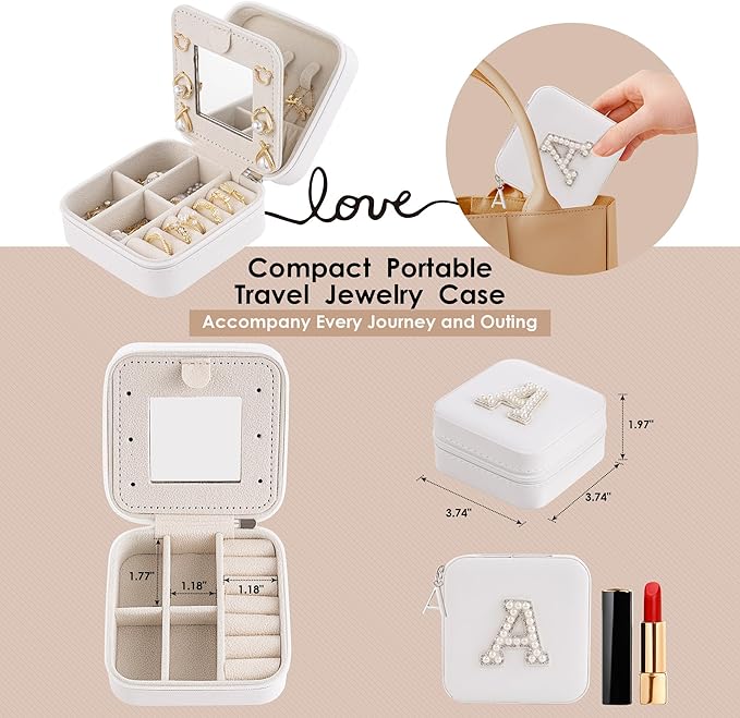 Birthday Gifts for Women: Initial Jewelry Box & Small Travel Jewelry Organizer for Wife, Girlfriend, Bridesmaid or Graduation Gifts