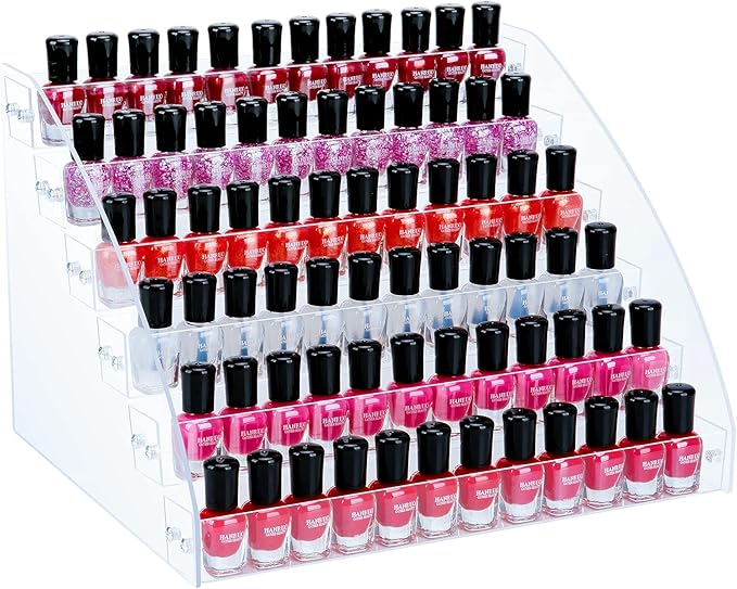 KINGROW Nail Polish Organizer Holder Rack 6 Layers Acrylic Display Rack Eyeglasses Shelf Essential Oils Ink Storage Holds Up to 96 (Fit 1-2oz Bottles)