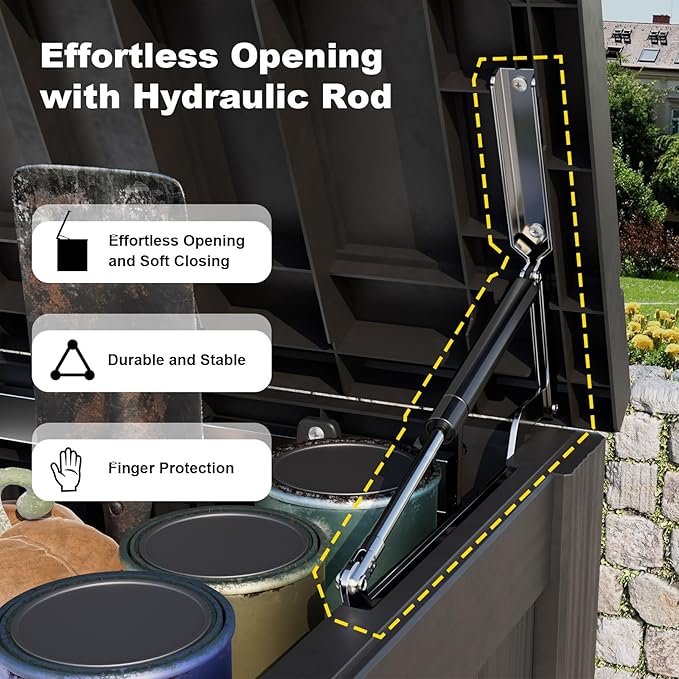 EasyUp 180 Gallon Outdoor Deck Box Waterproof, UV Resistant Resin Outdoor Storage Box with Hydraulic Rod for Delivery, Porch, Patio and Garden, Black