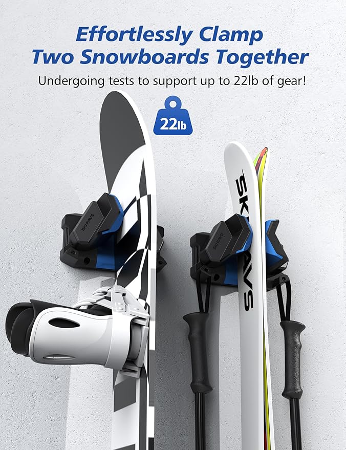 Ski & Snowboard Wall Rack, Ski Wall Mount & Ski Rack Wall Mount for Garage Space-Saving, Winter Gear Organizer, Fits Any Ski or Snowboard, Nonslip Ski Holders, Garage Organization, 2 Pack