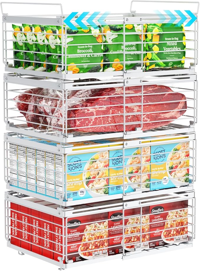 iSPECLE Freezer Organizer Bins - Fit 10 to 20 Cu.FT Deep Freezer, 4 Pack Expandable Stackable Large Chest Freezer Organizer Bins Sort Food, Easily Get Food from Bottom Better Ventilation, White