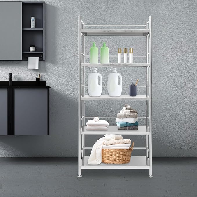 5-Tier Stainless Steel Shelf, Heavy Duty Storage Rack for Kitchen, Garage, Industrial Storage, Kitchen Shelves with Guardrails, Adjustable Height Metal Shelf