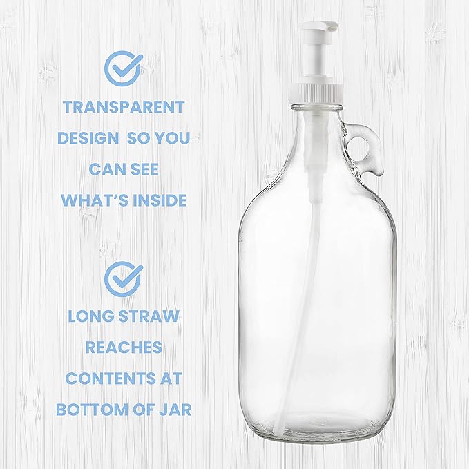 kitchentoolz Half Gallon Glass Laundry Detergent Dispenser- Large Jug with Pump for Liquid Laundry Soap Dispenser, Fabric Softener, Syrup Pump - 64 oz - Made in USA
