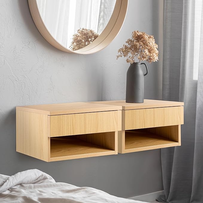 JONATHAN Y NST2002C Ettore 15.71" Mid-Century Modern Floating Wall Mounted Nightstand with Soft-Close Drawer and Cable Hole, Light Oak