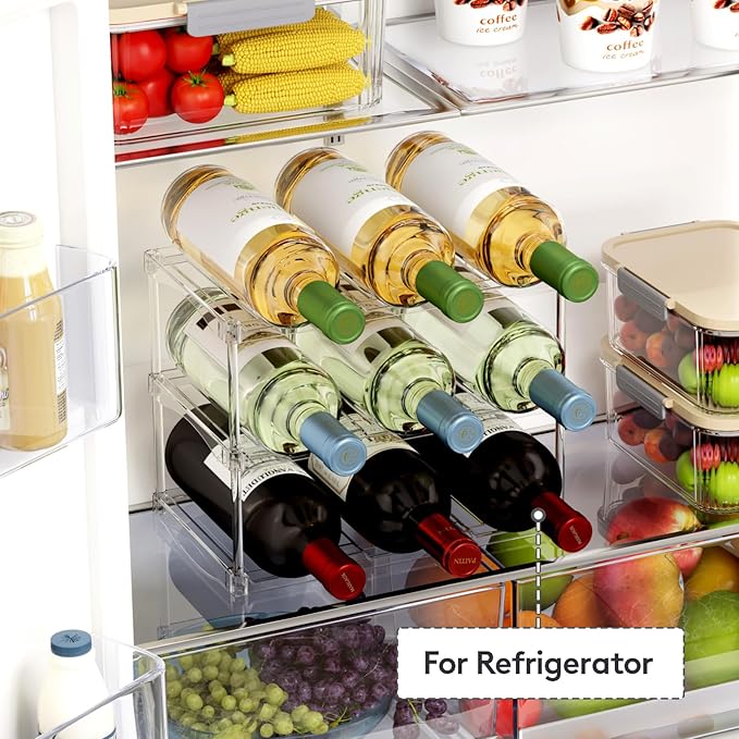 Lifewit Stackable Water Bottle Storage Organizer, Clear Freestanding Wine Bottle Holder for Cabinet, Tumbler Cup Organizer, Plastic Large Compartment Wine Rack for Fridge Cellar, 3Tier Hold 9
